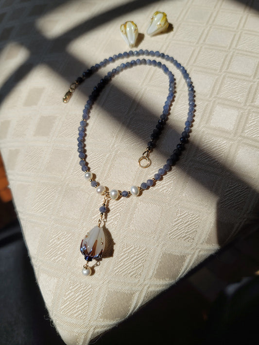Sapphire and fresh water pearl gold filled blossom necklace
