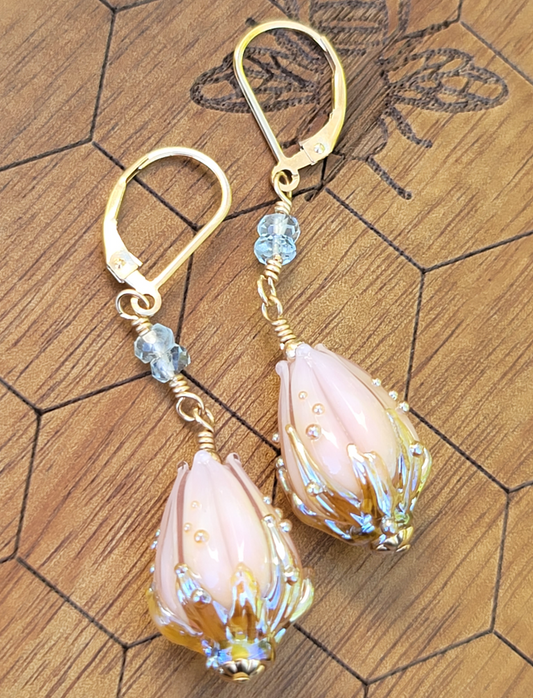 Flower blossom gold filled earrings with aquamarine