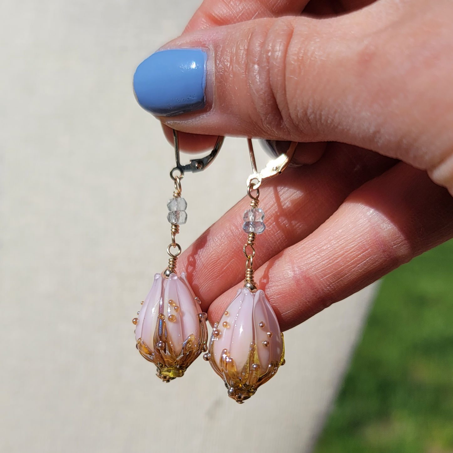 Flower blossom gold filled earrings with aquamarine