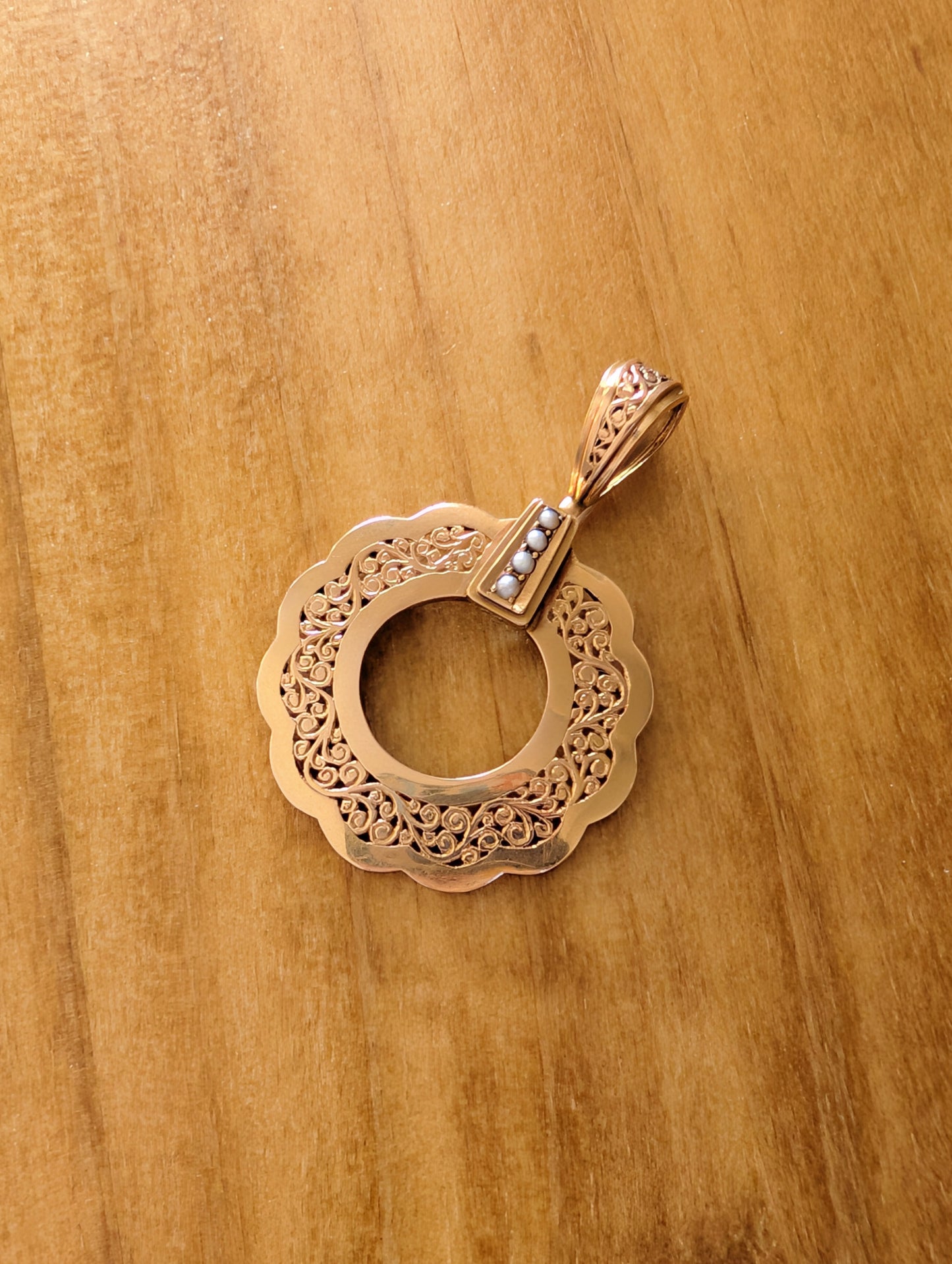Antique French circle pendant with filigree details and pearls