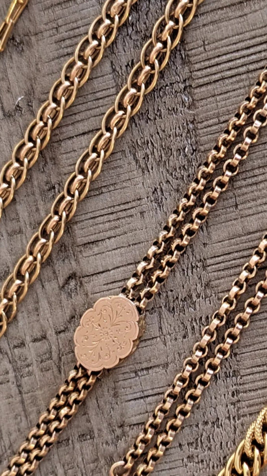 Antique 9ct slider watch chain & vintage 9ct woven curb chain