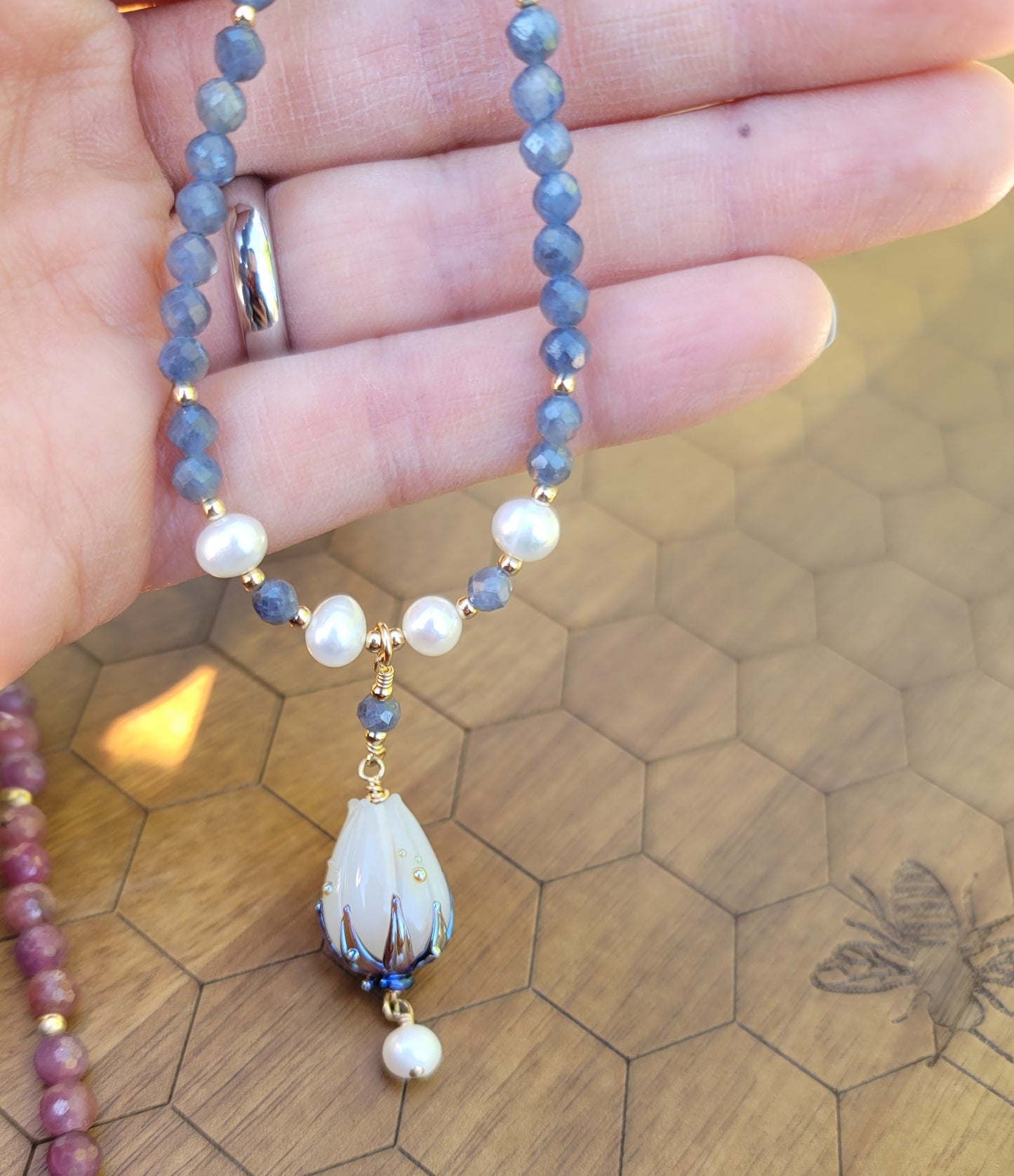 Sapphire and fresh water pearl gold filled blossom necklace